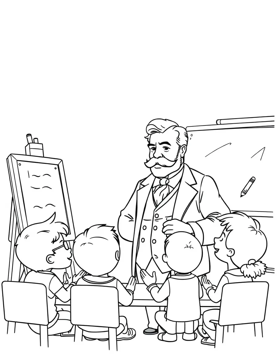 Theodore Roosevelt teaching children, with educational items like chalkboards and pencils, in a friendly classroom scene.