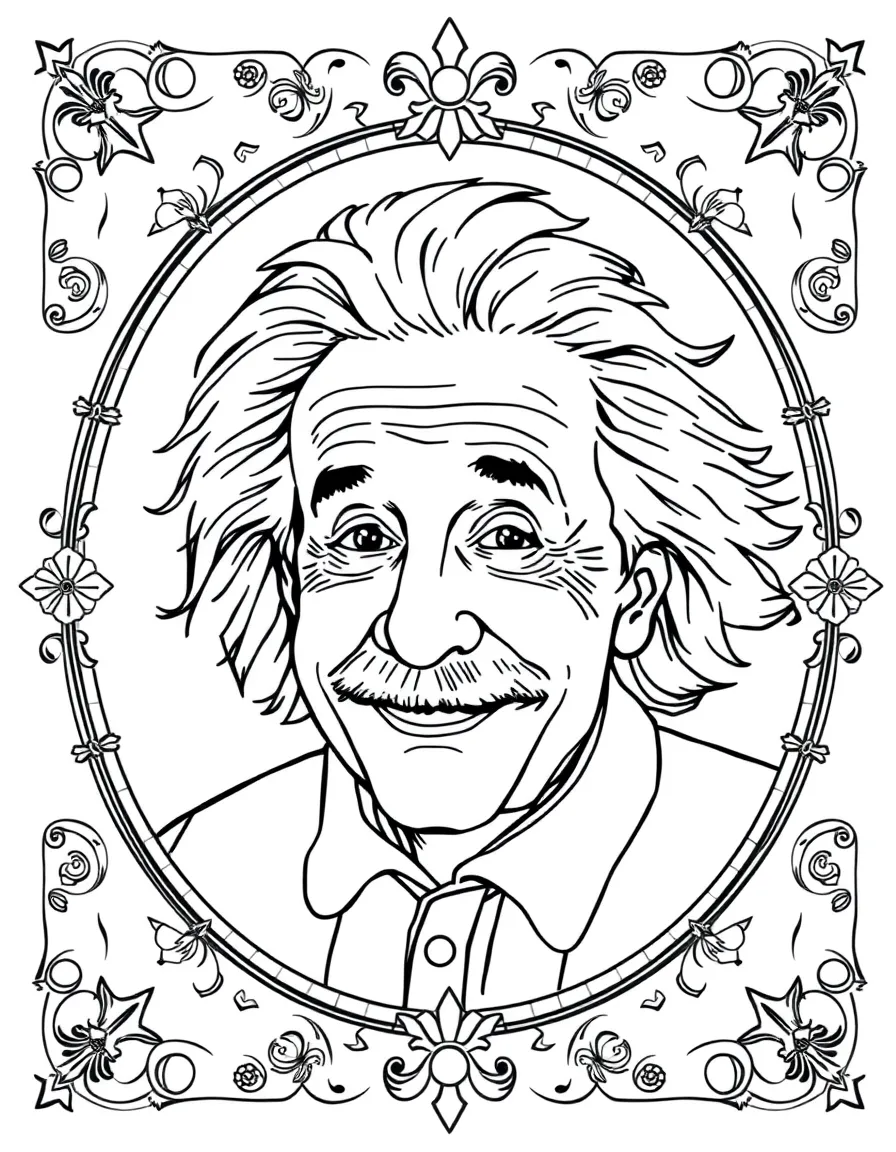 A portrait of Albert Einstein with a big smile, framed with decorative borders and symbols of their time period.