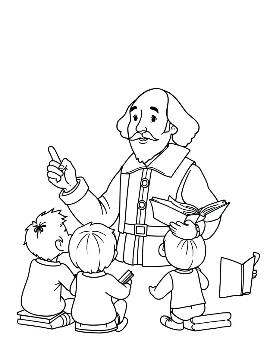 A fun coloring page of William Shakespeare giving a speech to children with books and peace signs around.