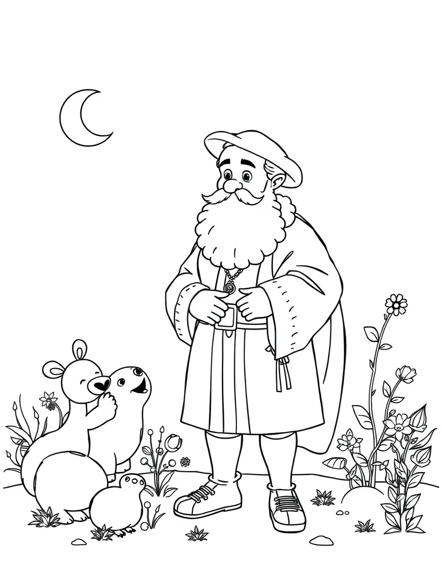 A playful scene showing Galileo Galilei in a historical outfit with animals, plants, or kids nearby.