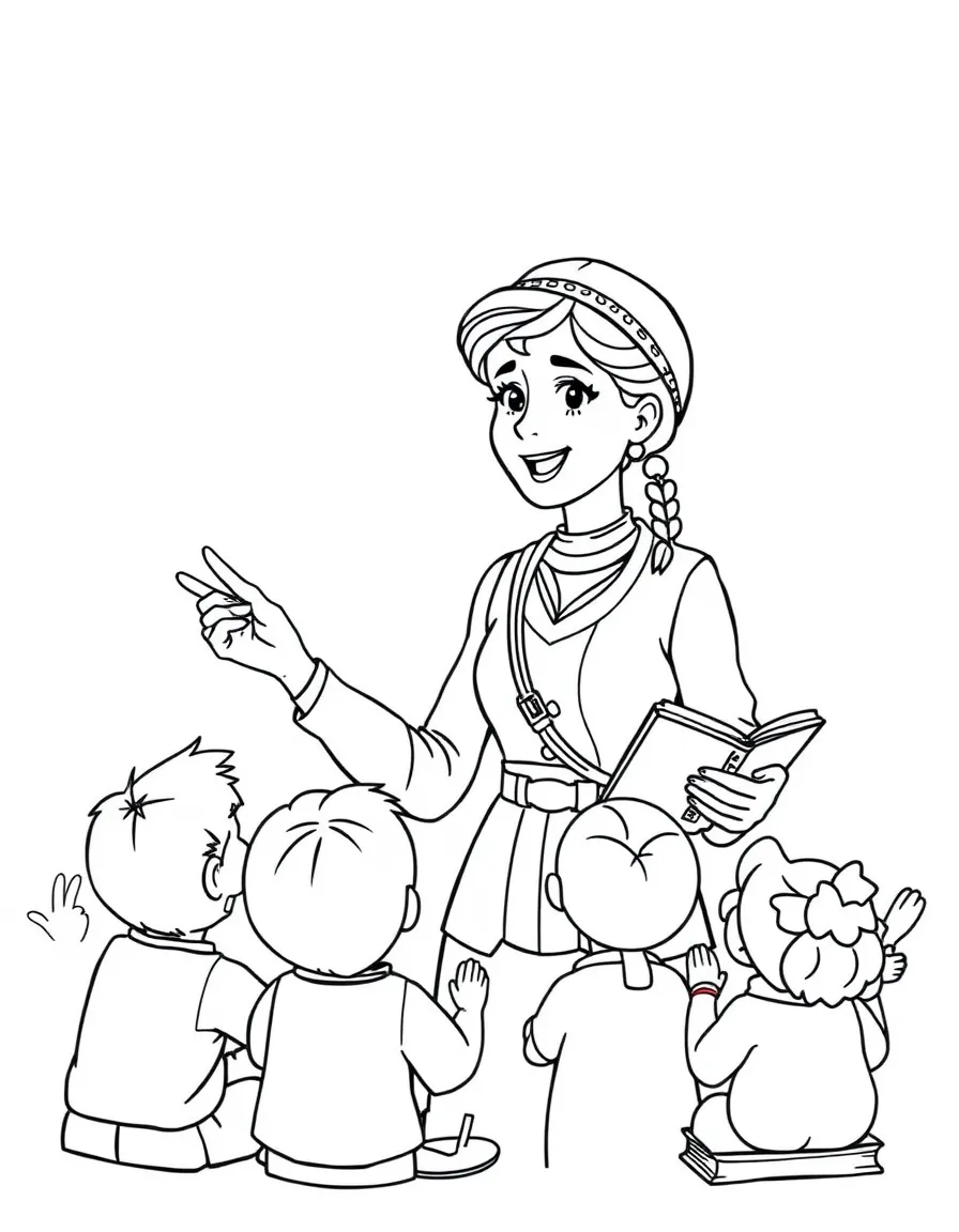 A fun coloring page of Amelia Earhart giving a speech to children with books and peace signs around.