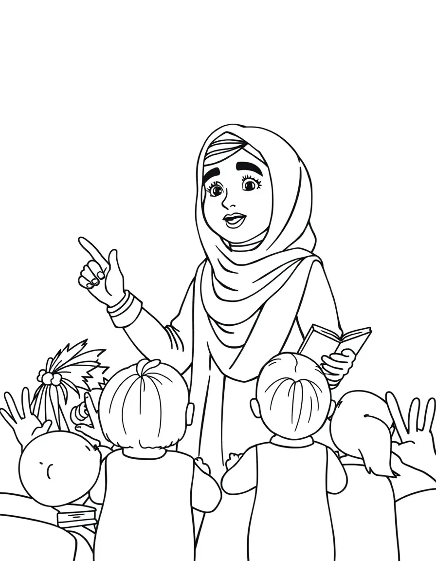 A fun coloring page of Malala Yousafzai giving a speech to children with books and peace signs around.