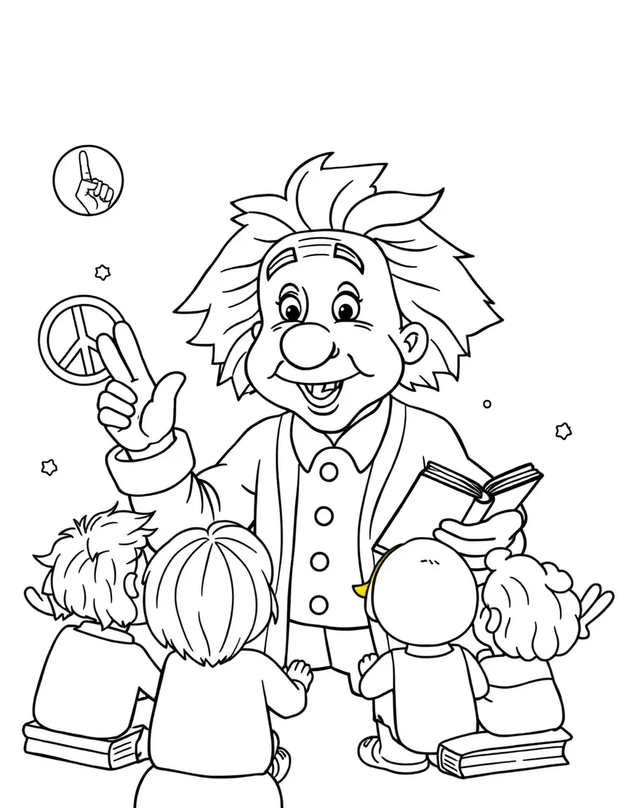 A fun coloring page of Albert Einstein giving a speech to children with books and peace signs around.
