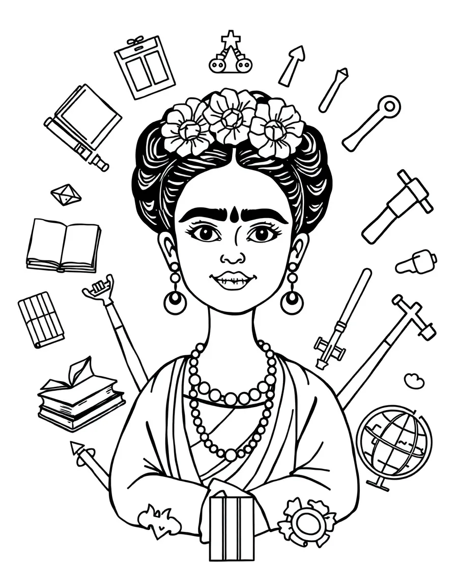 A cartoon-style drawing of Frida Kahlo surrounded by symbols of their achievements, like books, tools, or globes.