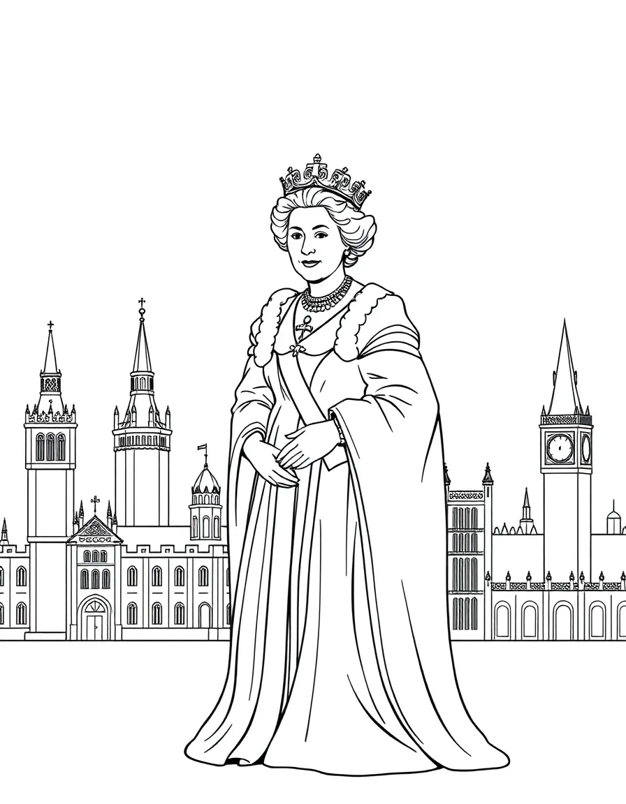 Queen Elizabeth I standing proudly with historical landmarks in the background, drawn with clear bold lines for coloring.
