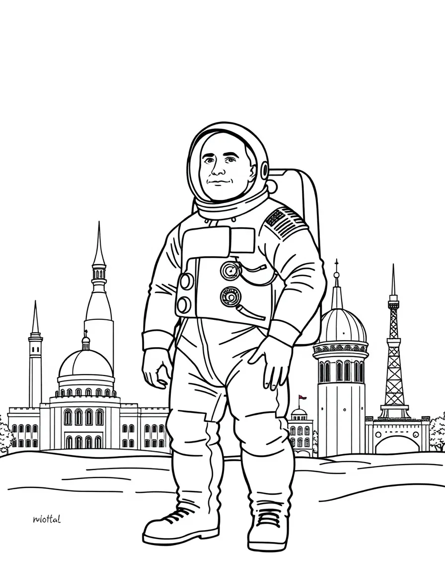Neil Armstrong standing proudly with historical landmarks in the background, drawn with clear bold lines for coloring.