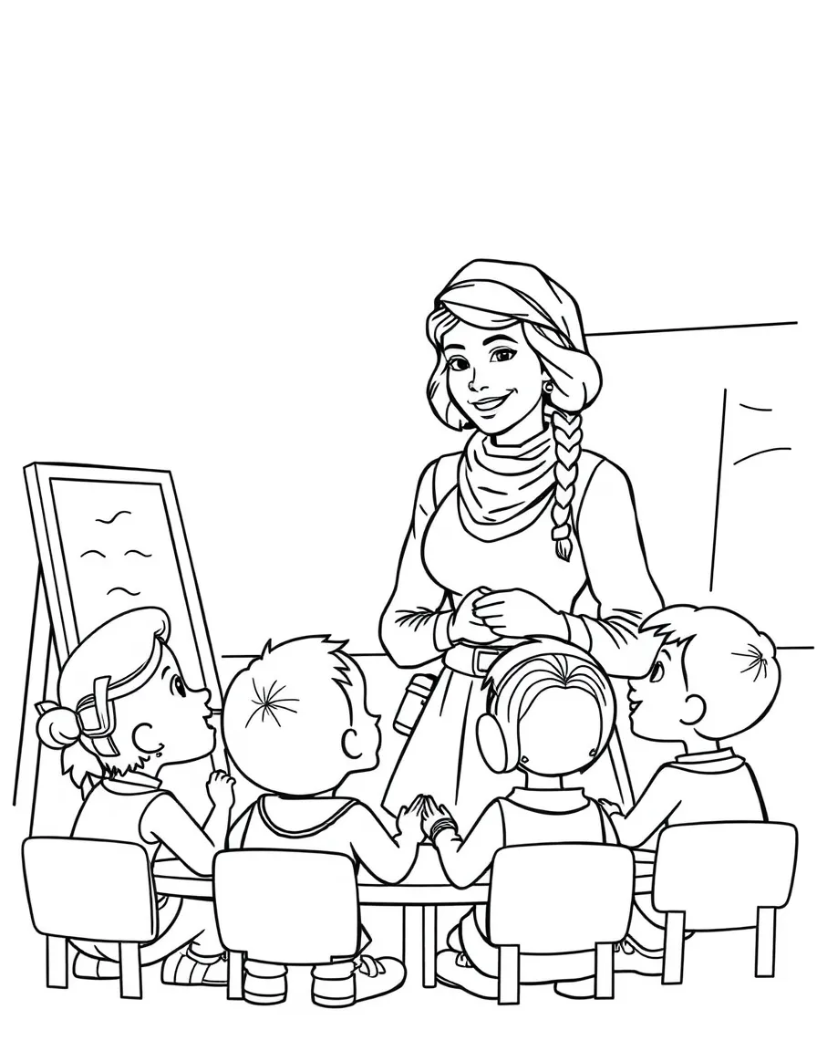 Amelia Earhart teaching children, with educational items like chalkboards and pencils, in a friendly classroom scene.