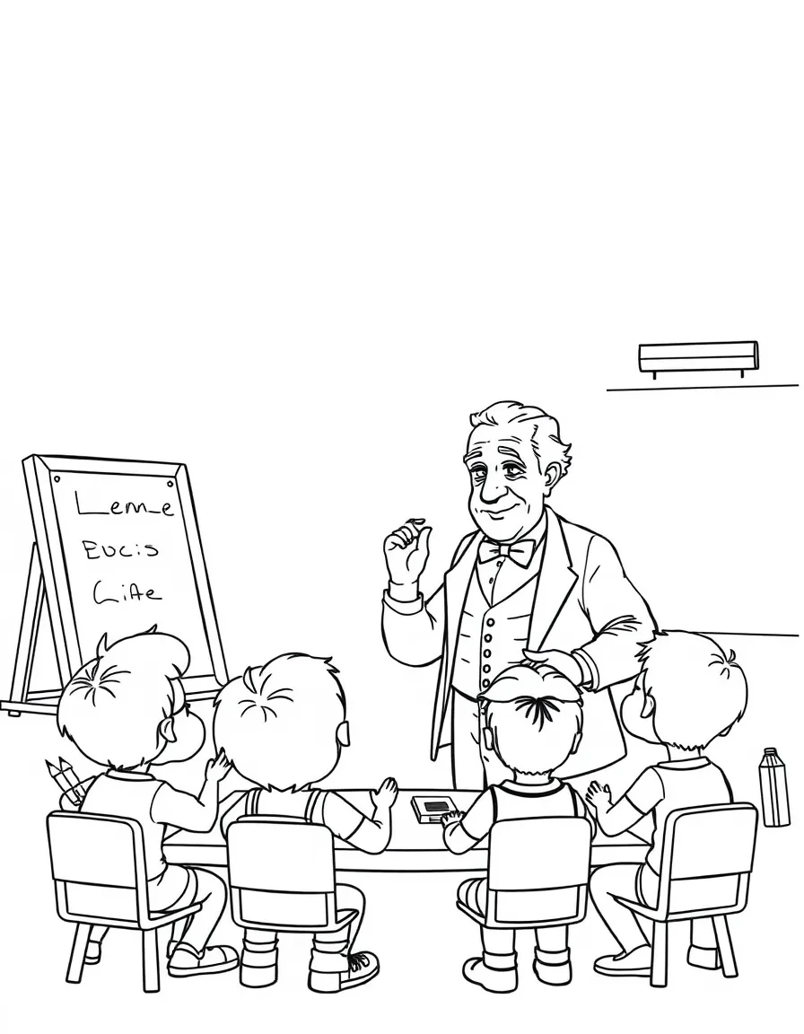 Thomas Edison teaching children, with educational items like chalkboards and pencils, in a friendly classroom scene.