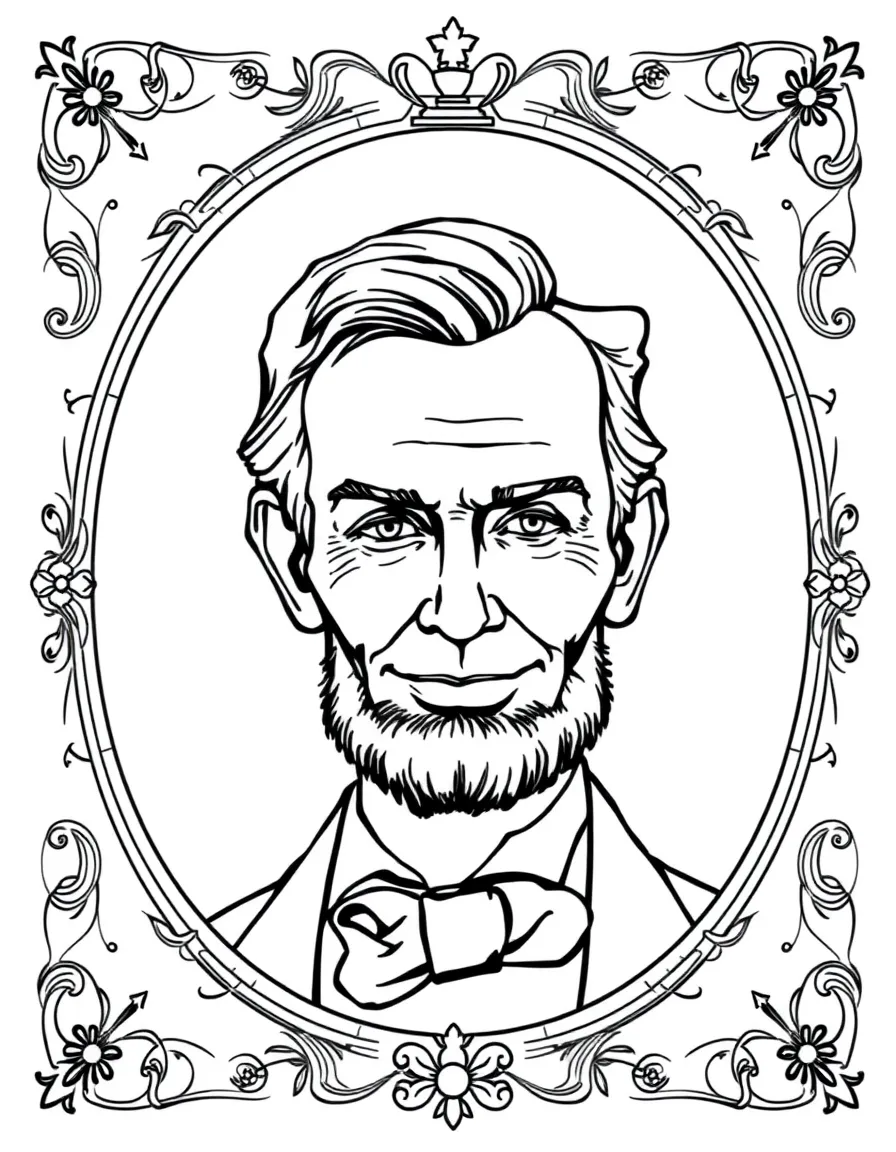 A portrait of Abraham Lincoln with a big smile, framed with decorative borders and symbols of their time period.