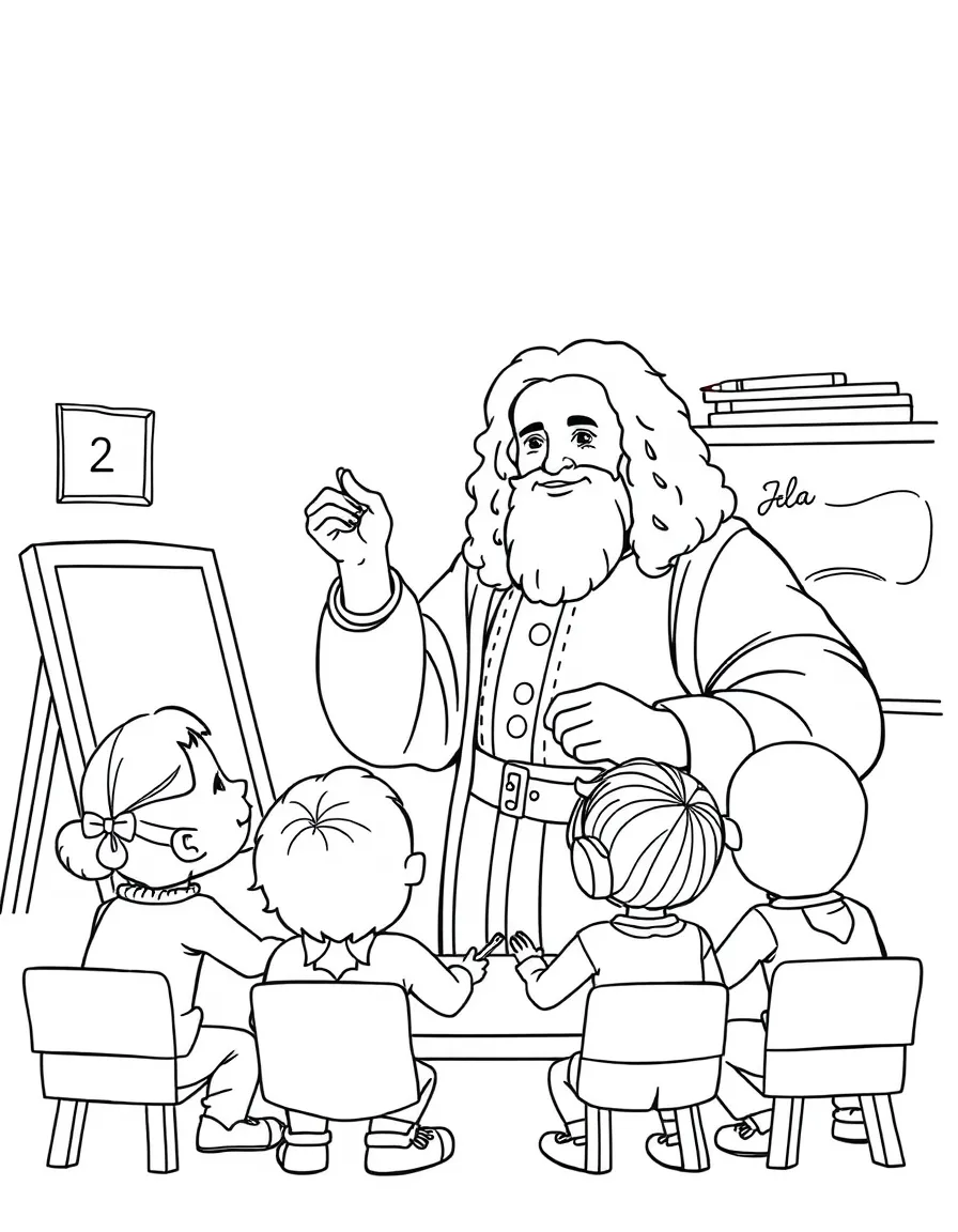 Leonardo da Vinci teaching children, with educational items like chalkboards and pencils, in a friendly classroom scene.