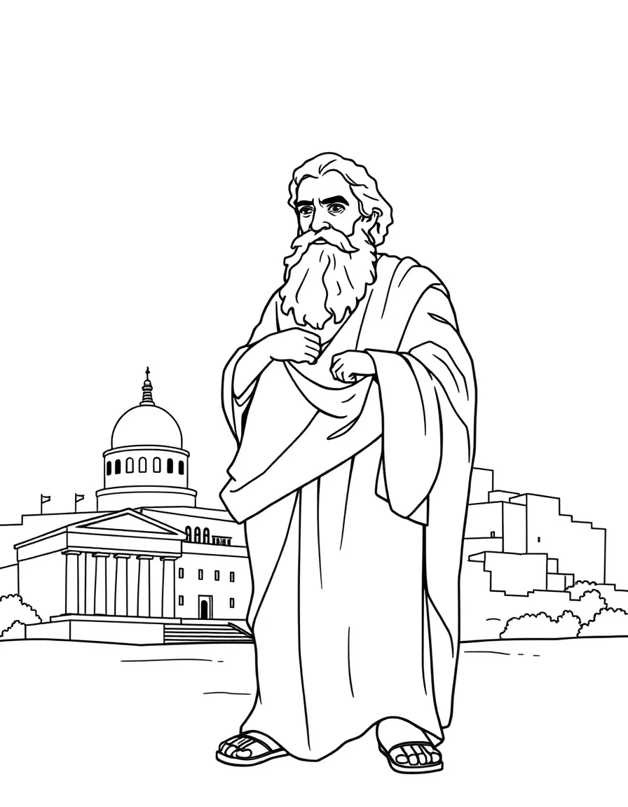 Socrates standing proudly with historical landmarks in the background, drawn with clear bold lines for coloring.