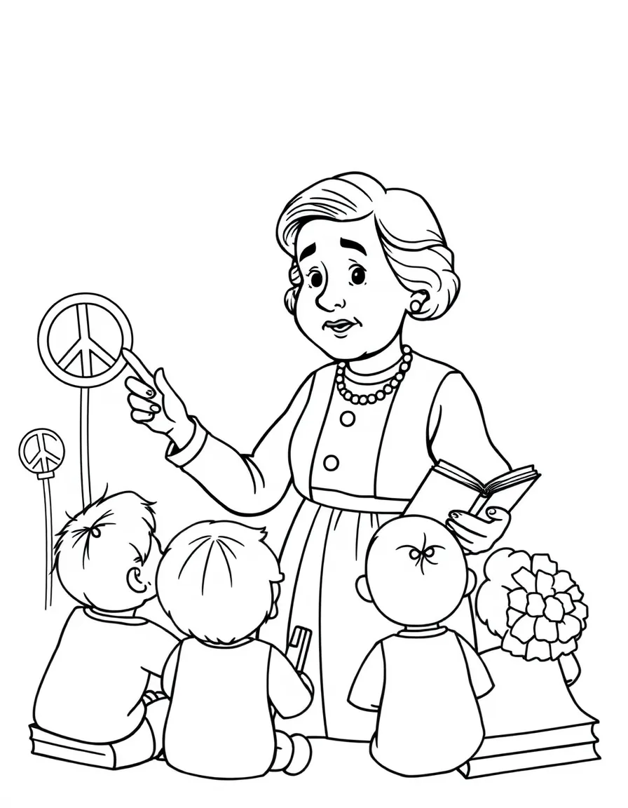 A fun coloring page of Helen Keller giving a speech to children with books and peace signs around.