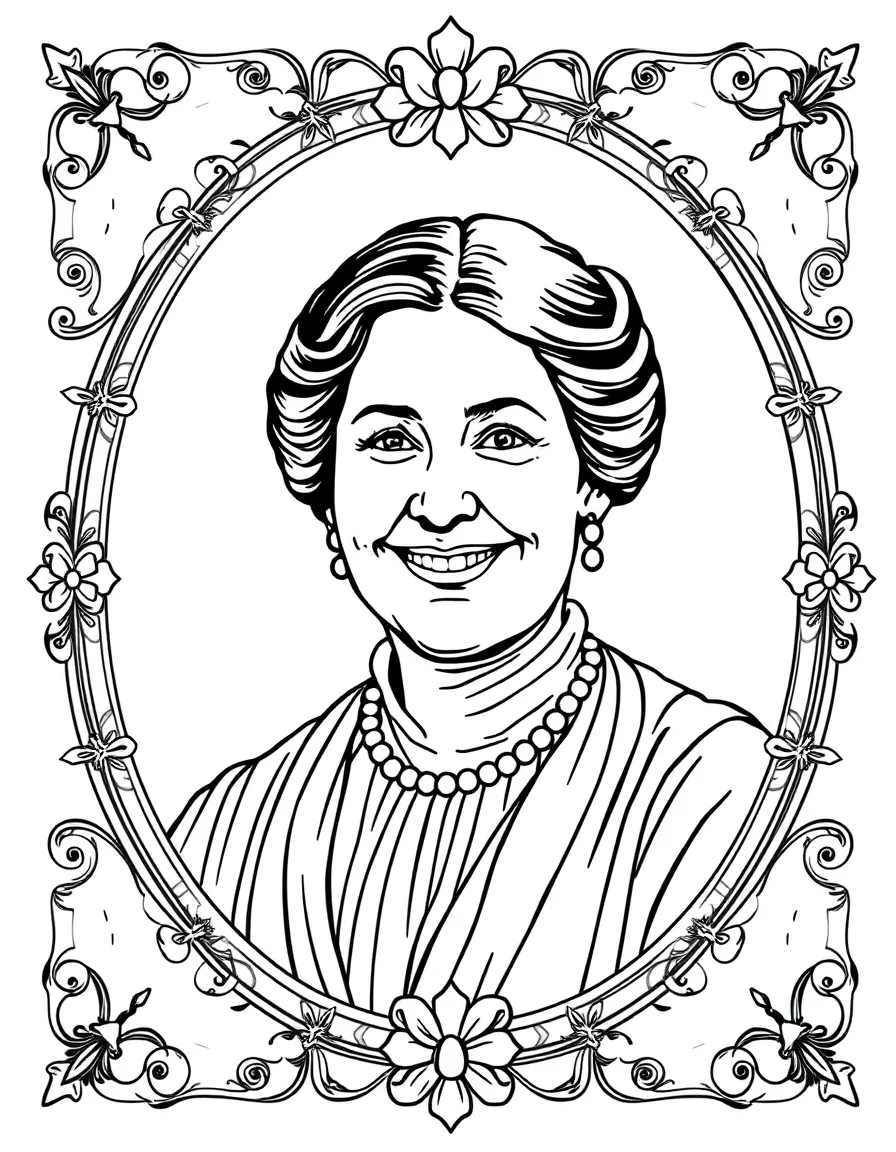 A portrait of Susan B. Anthony with a big smile, framed with decorative borders and symbols of their time period.