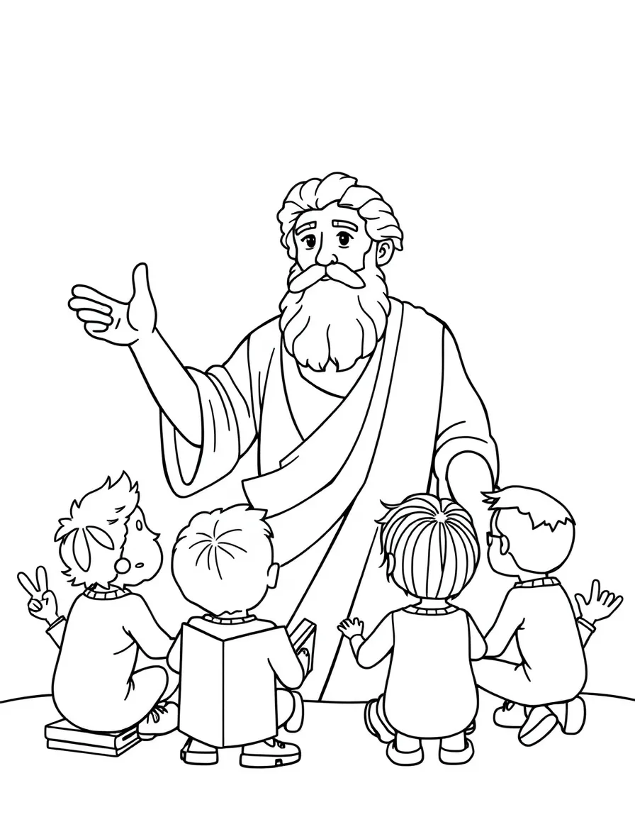 A fun coloring page of Aristotle giving a speech to children with books and peace signs around.