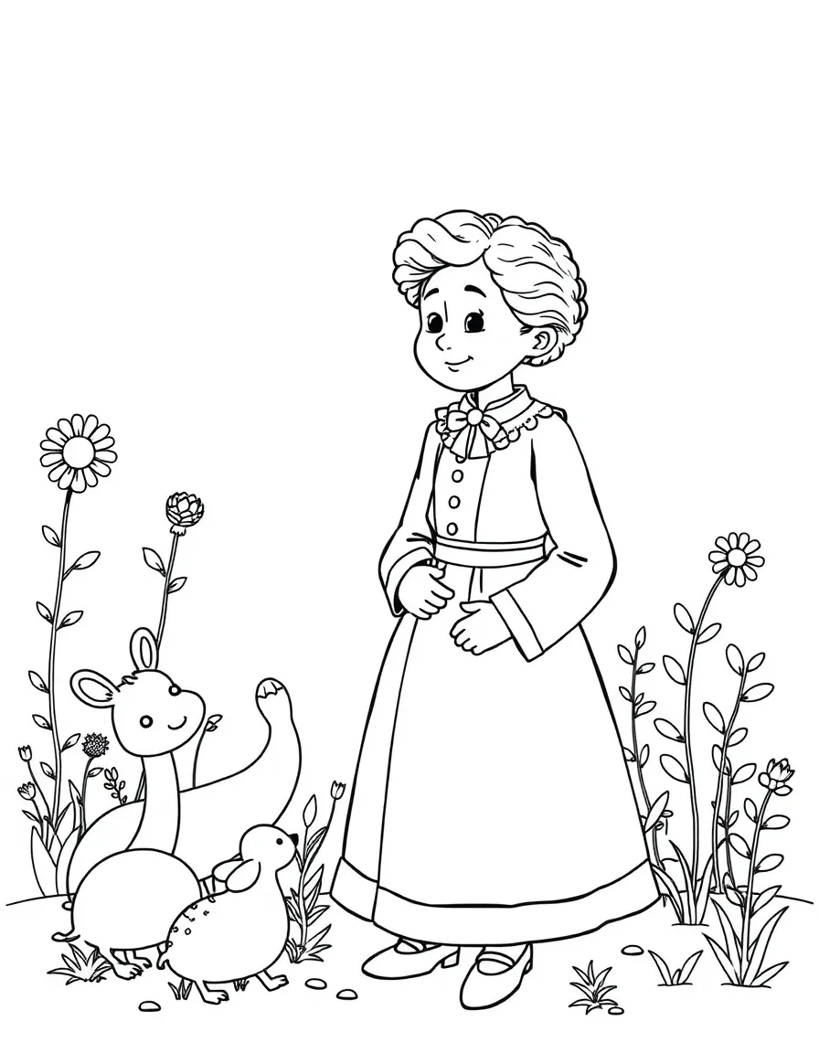 A playful scene showing Marie Curie in a historical outfit with animals, plants, or kids nearby.
