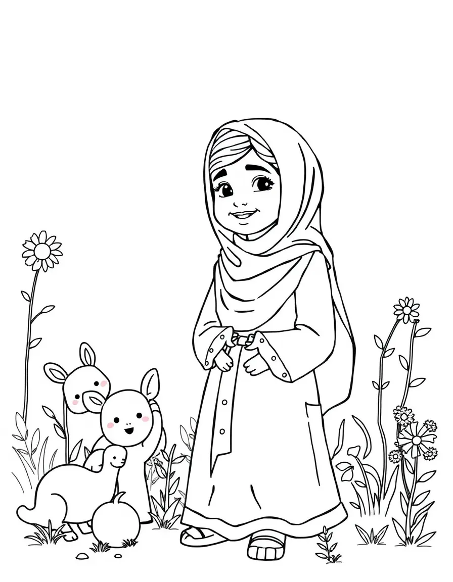 A playful scene showing Malala Yousafzai in a historical outfit with animals, plants, or kids nearby.