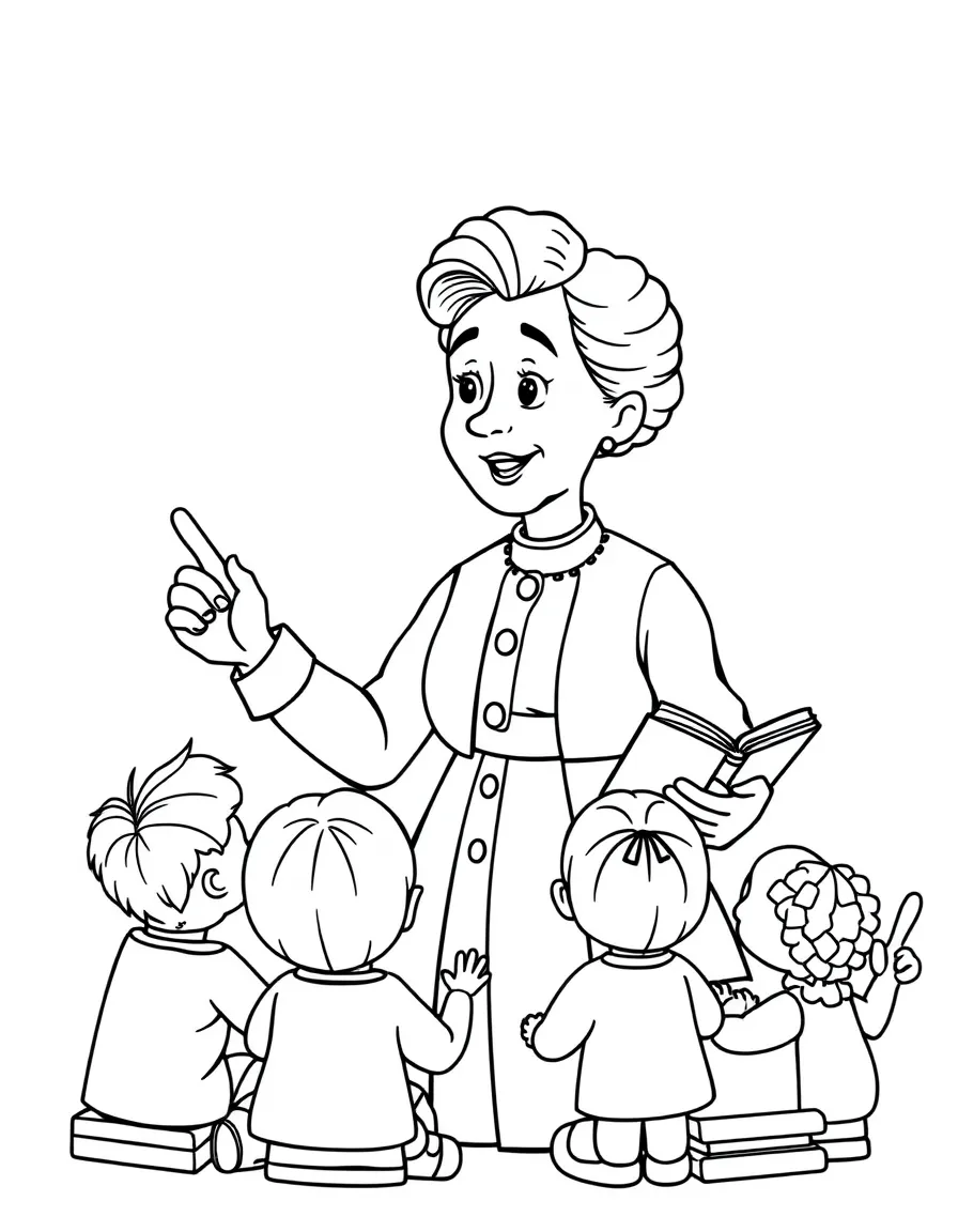 A fun coloring page of Marie Curie giving a speech to children with books and peace signs around.