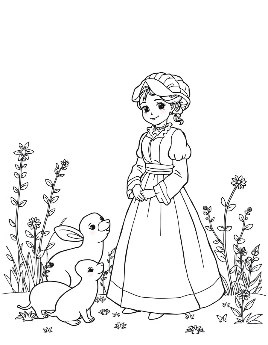 A playful scene showing Jane Austen in a historical outfit with animals, plants, or kids nearby.