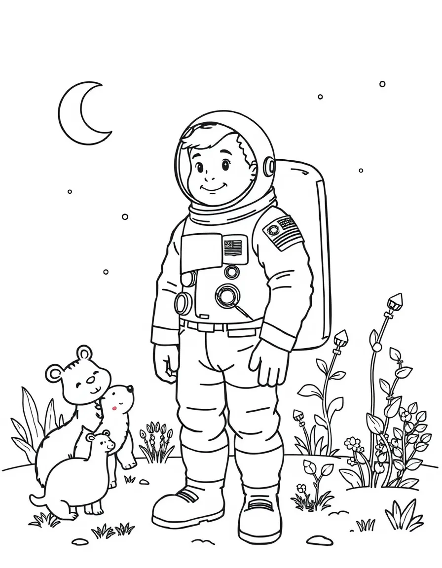 A playful scene showing Neil Armstrong in a historical outfit with animals, plants, or kids nearby.