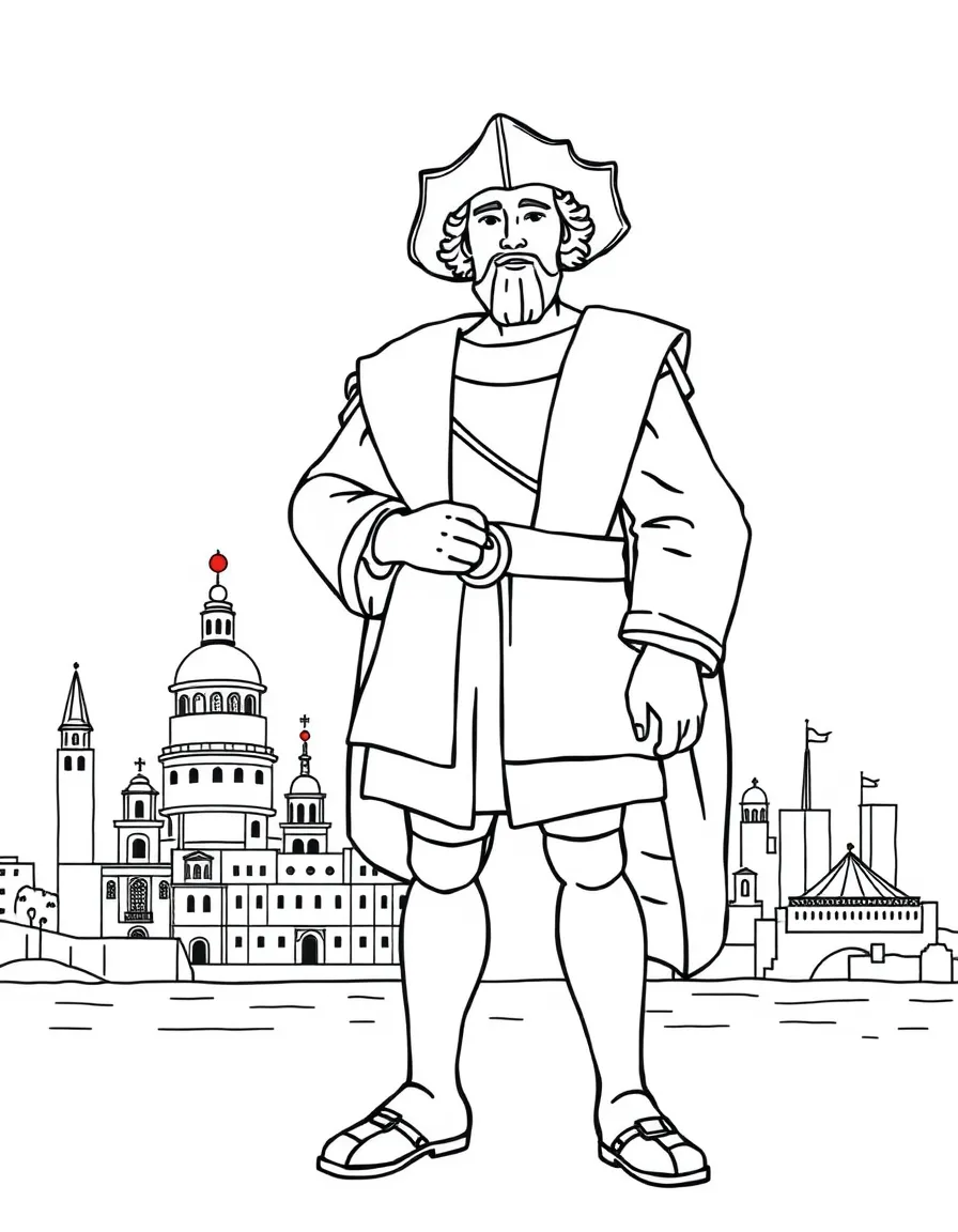 Christopher Columbus standing proudly with historical landmarks in the background, drawn with clear bold lines for coloring.