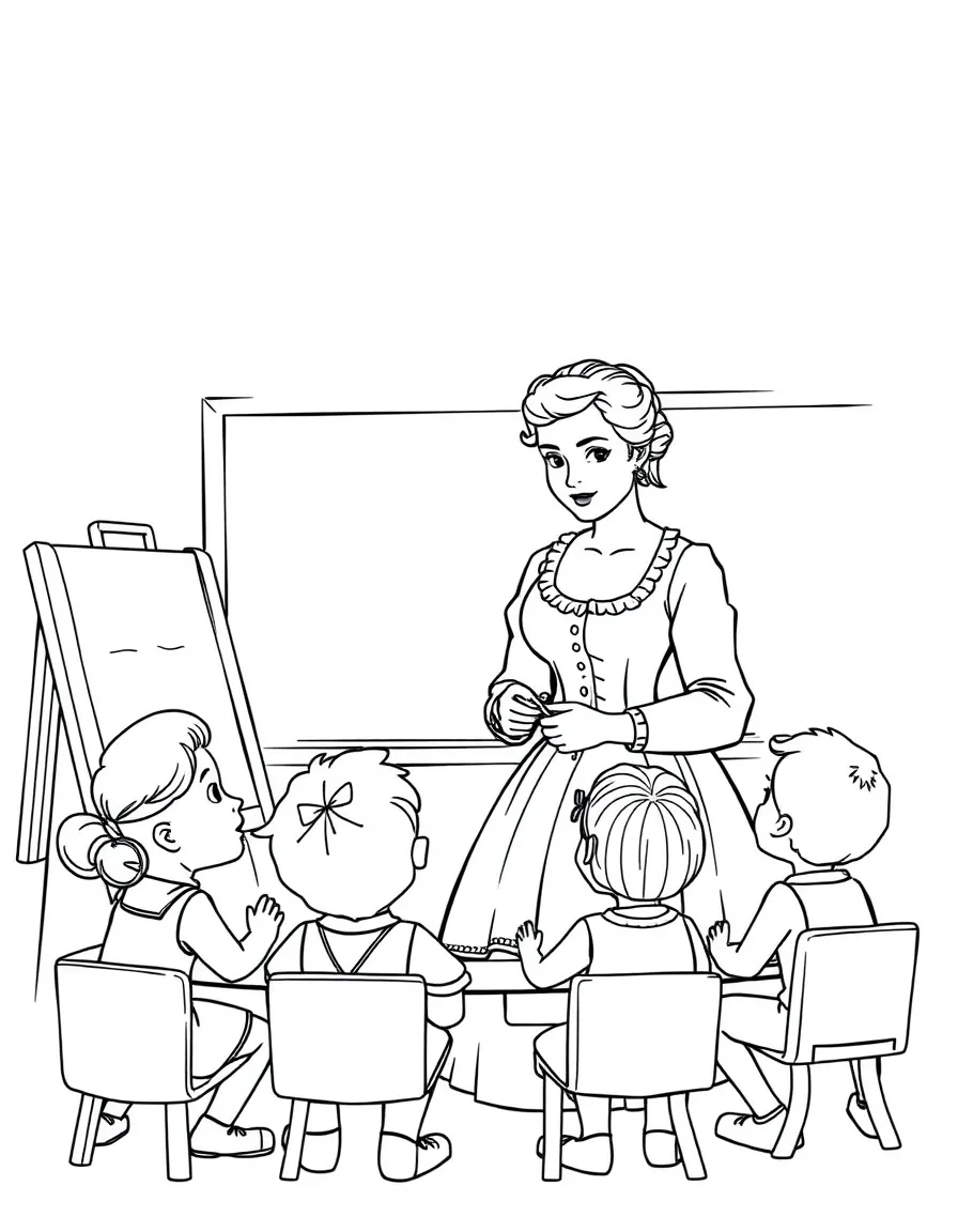 Jane Austen teaching children, with educational items like chalkboards and pencils, in a friendly classroom scene.