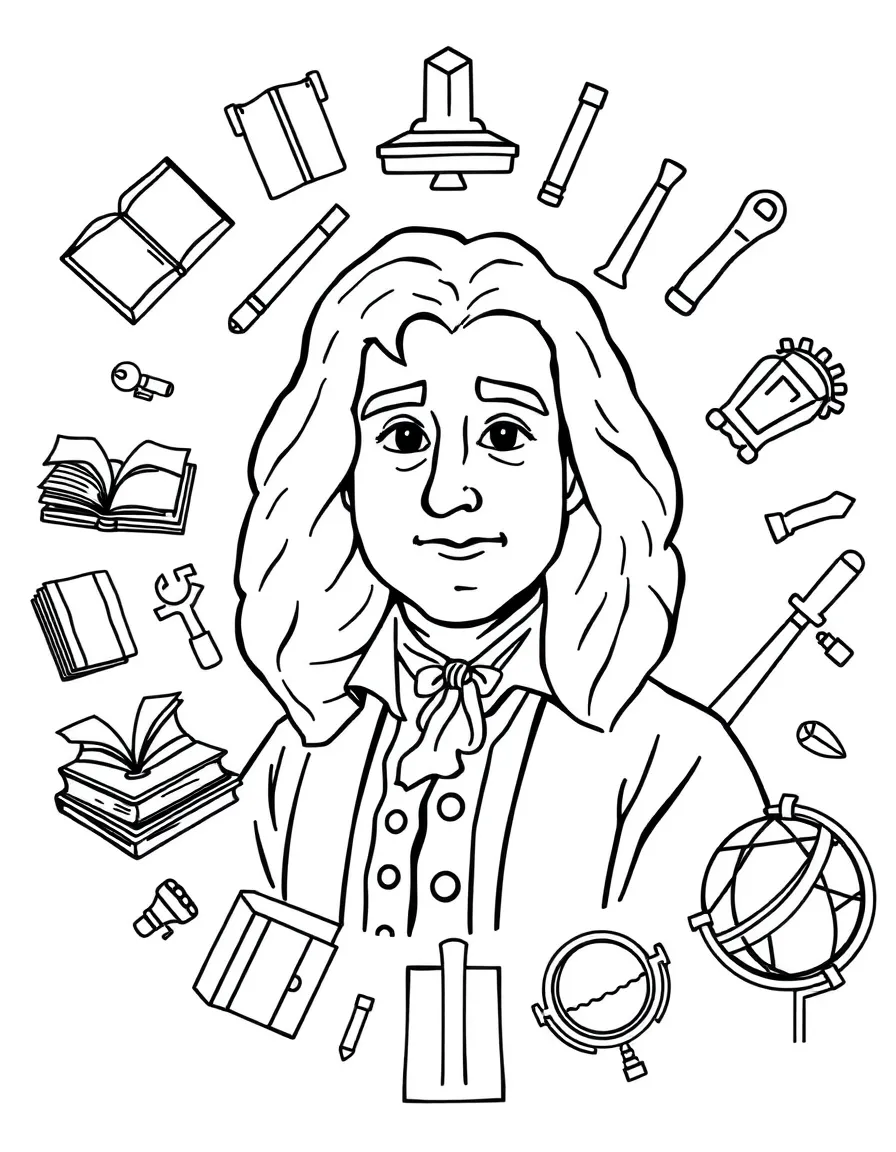 A cartoon-style drawing of Isaac Newton surrounded by symbols of their achievements, like books, tools, or globes.
