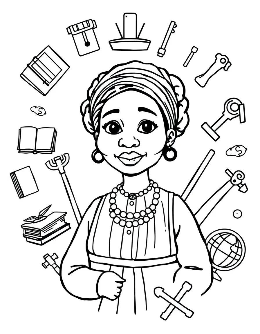 A cartoon-style drawing of Harriet Tubman surrounded by symbols of their achievements, like books, tools, or globes.
