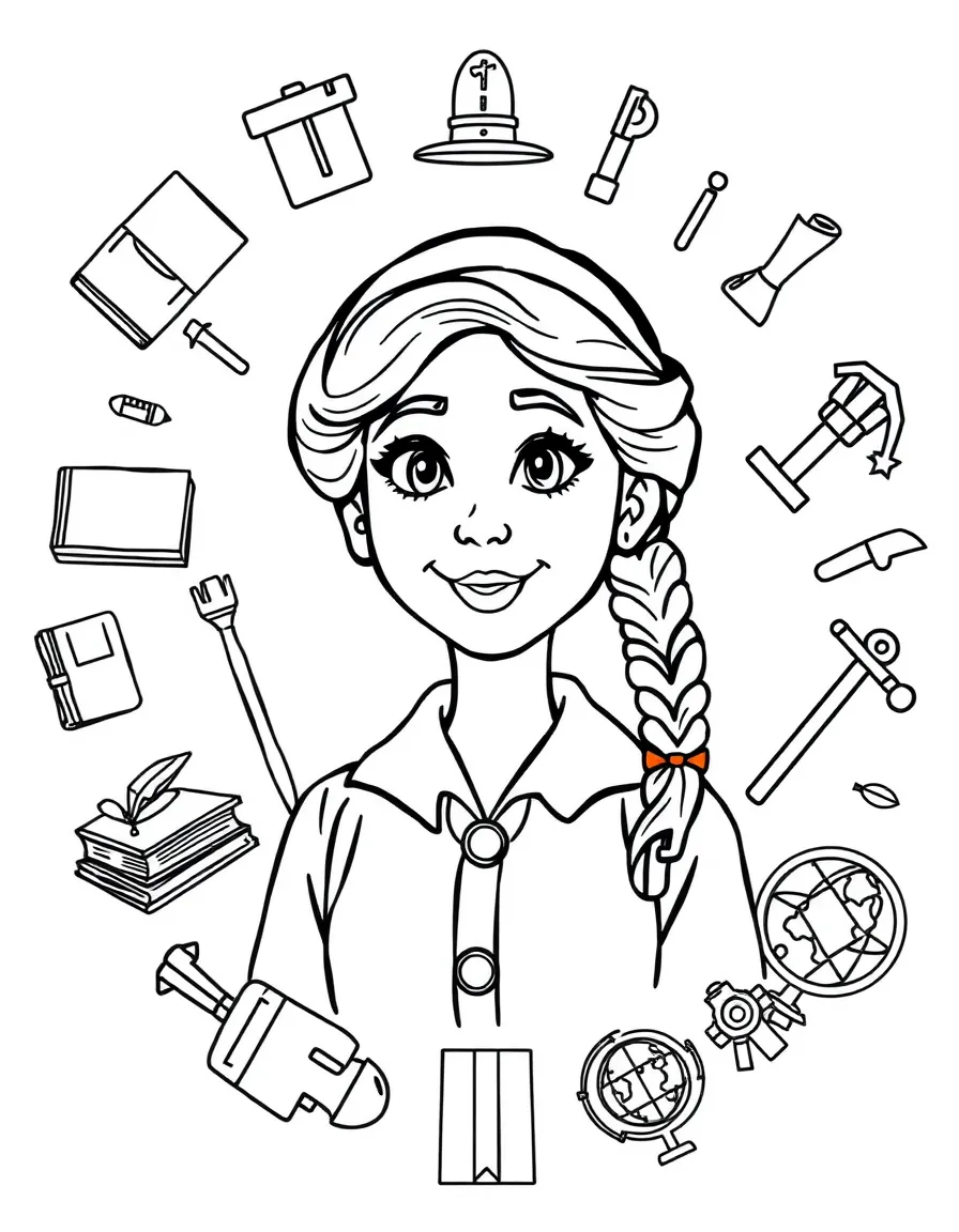 A cartoon-style drawing of Amelia Earhart surrounded by symbols of their achievements, like books, tools, or globes.