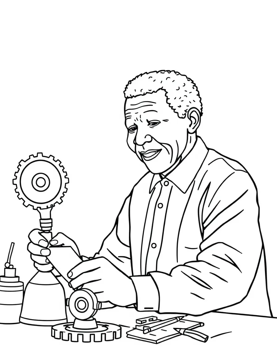 Nelson Mandela working on their famous invention or idea, with gears, papers, or lab equipment drawn simply.