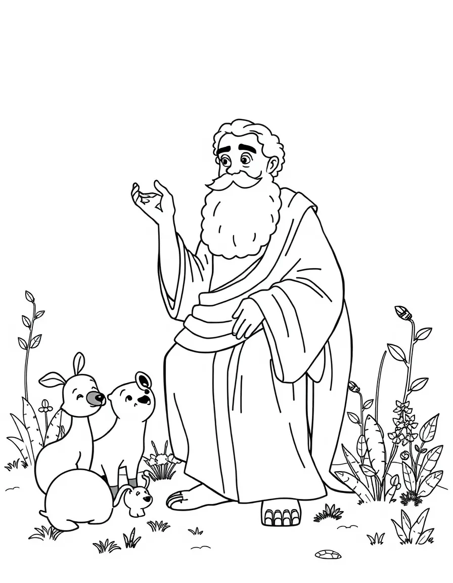 A playful scene showing Plato in a historical outfit with animals, plants, or kids nearby.