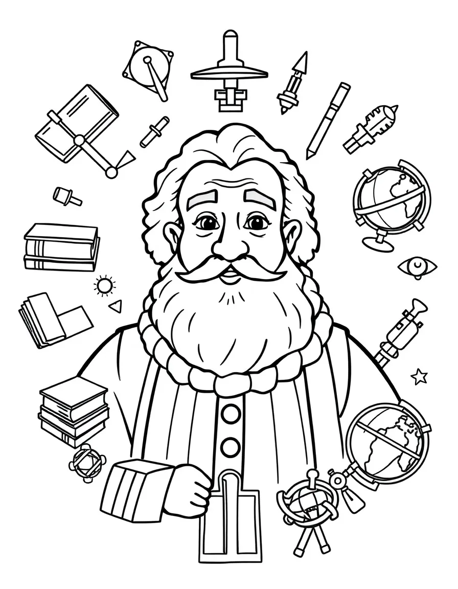 A cartoon-style drawing of Galileo Galilei surrounded by symbols of their achievements, like books, tools, or globes.