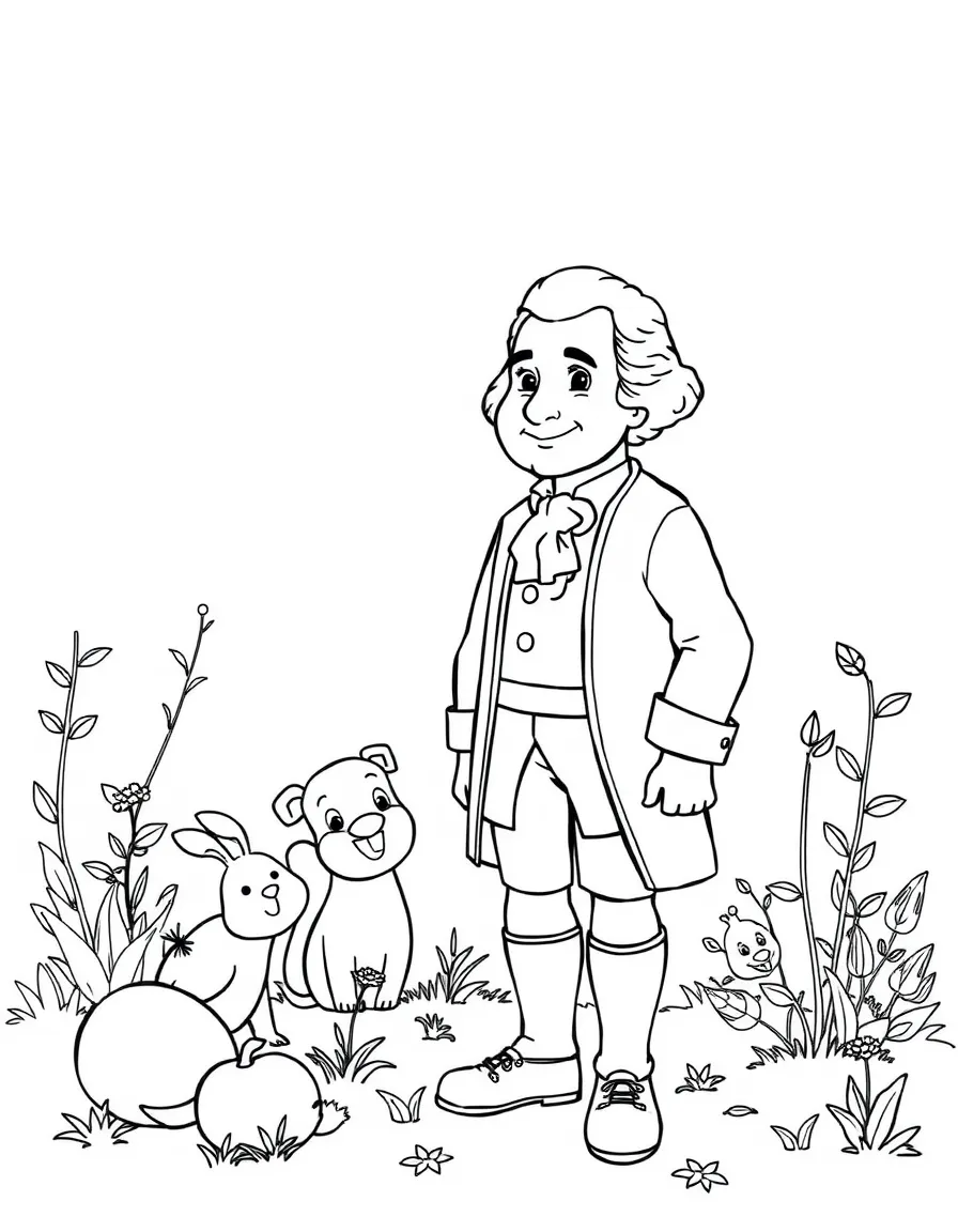 A playful scene showing George Washington in a historical outfit with animals, plants, or kids nearby.