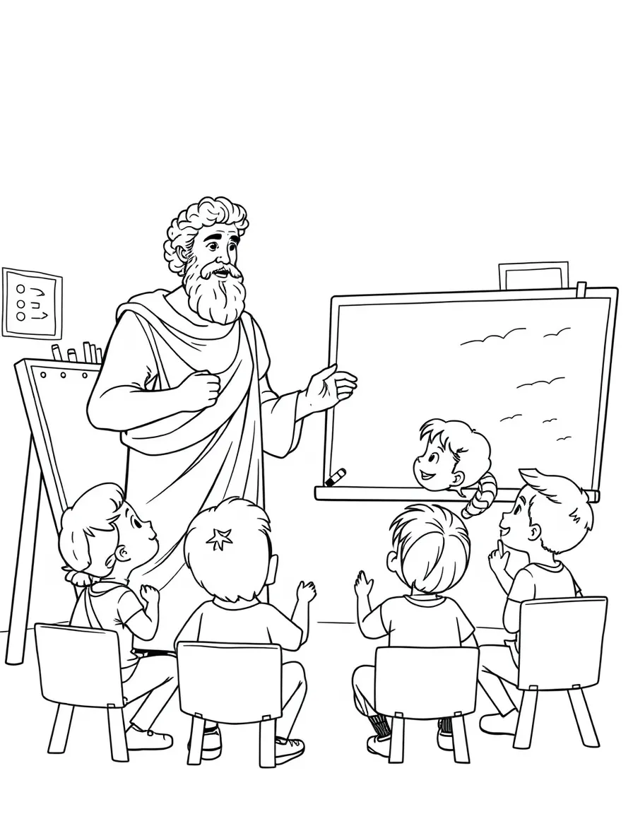 Aristotle teaching children, with educational items like chalkboards and pencils, in a friendly classroom scene.