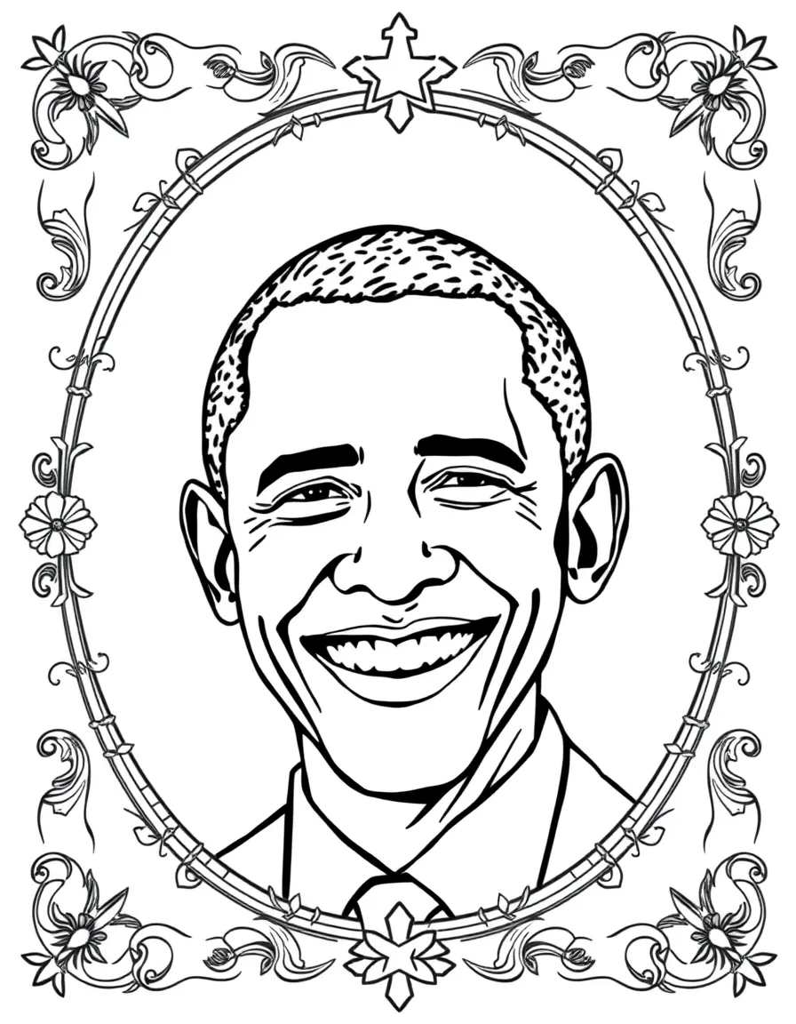A portrait of Barack Obama with a big smile, framed with decorative borders and symbols of their time period.