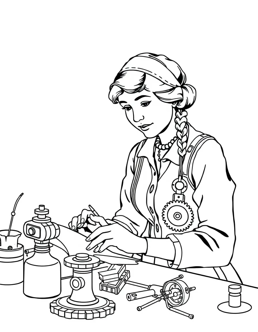 Amelia Earhart working on their famous invention or idea, with gears, papers, or lab equipment drawn simply.