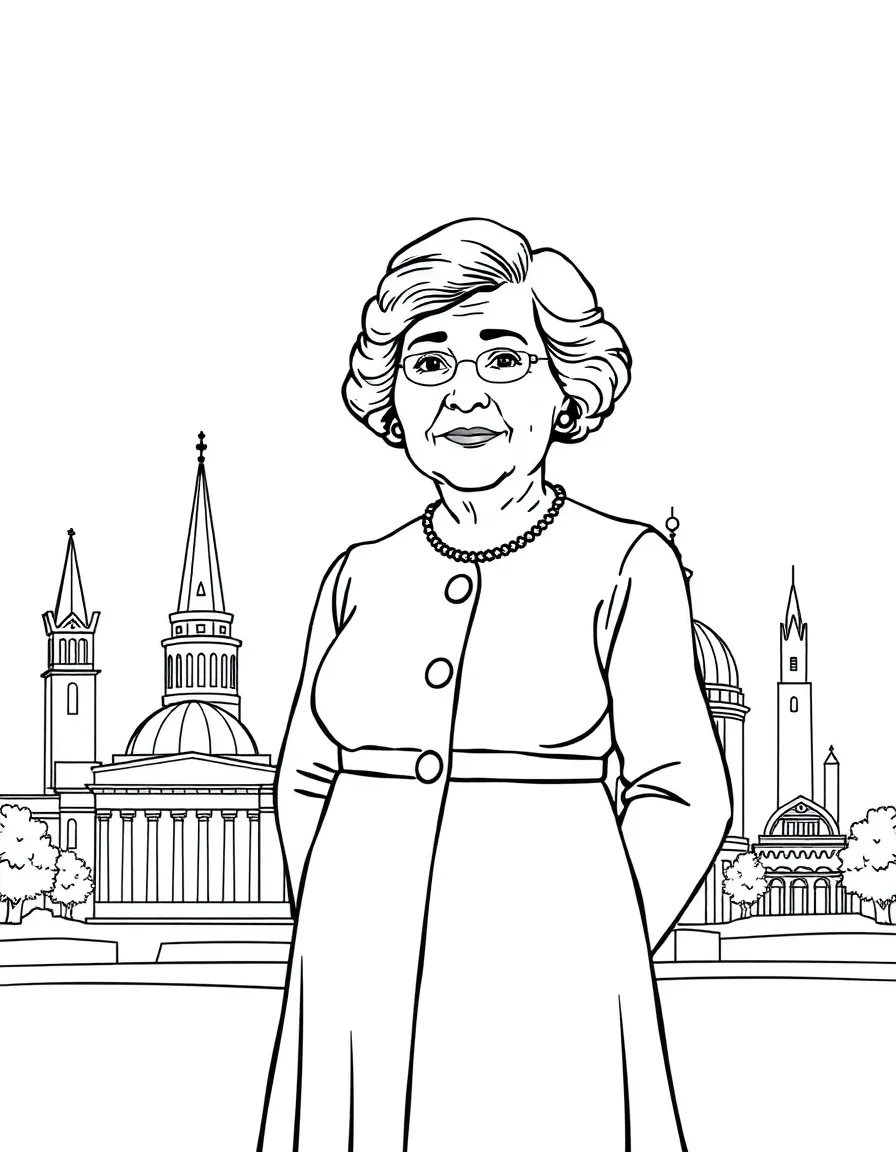 Helen Keller standing proudly with historical landmarks in the background, drawn with clear bold lines for coloring.
