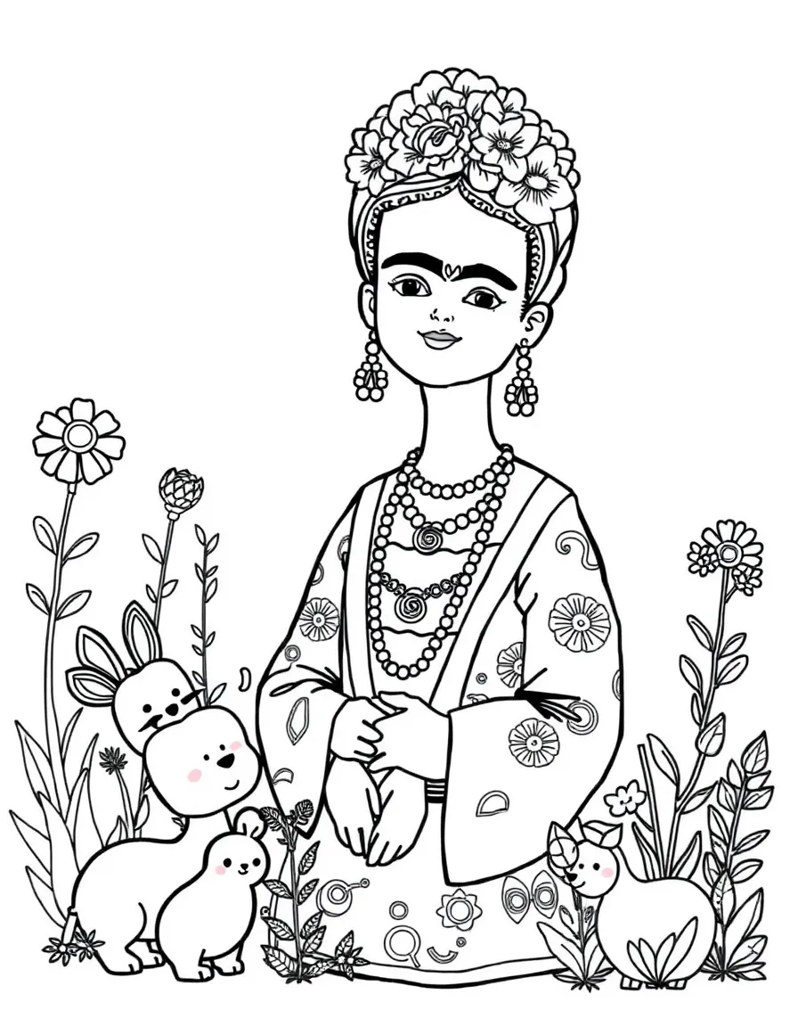 A playful scene showing Frida Kahlo in a historical outfit with animals, plants, or kids nearby.