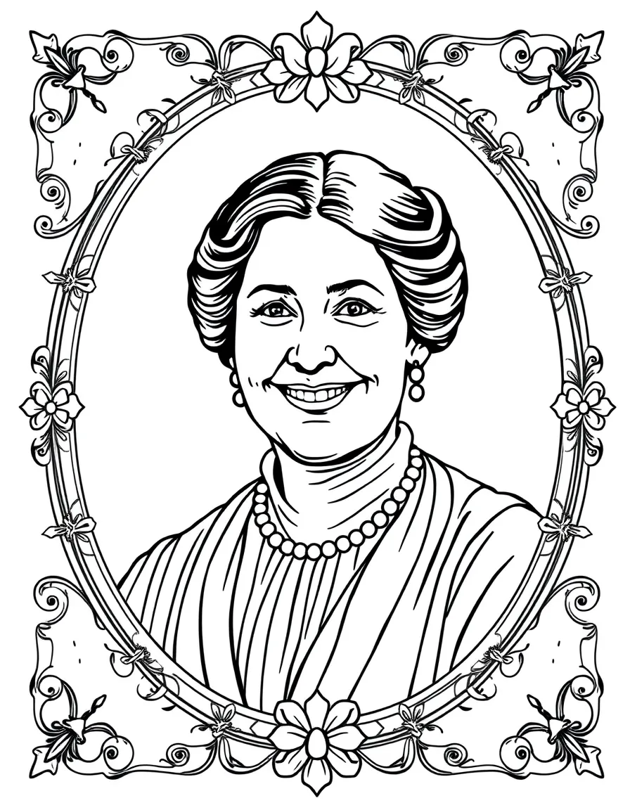 A portrait of Susan B. Anthony with a big smile, framed with decorative borders and symbols of their time period.