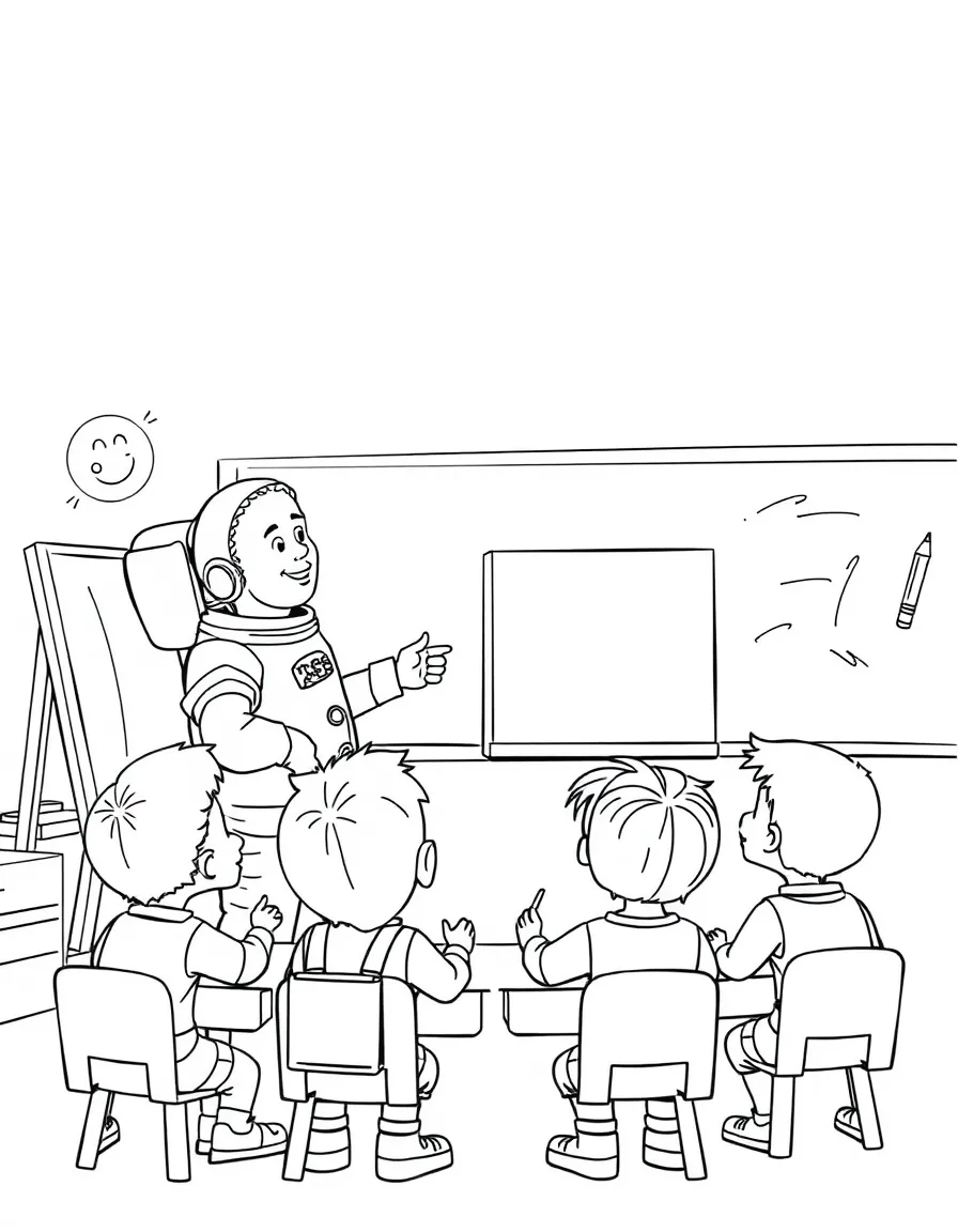 Neil Armstrong teaching children, with educational items like chalkboards and pencils, in a friendly classroom scene.