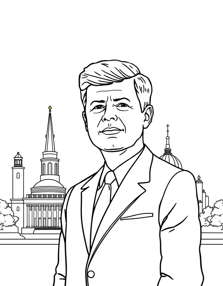 John F. Kennedy standing proudly with historical landmarks in the background, drawn with clear bold lines for coloring.