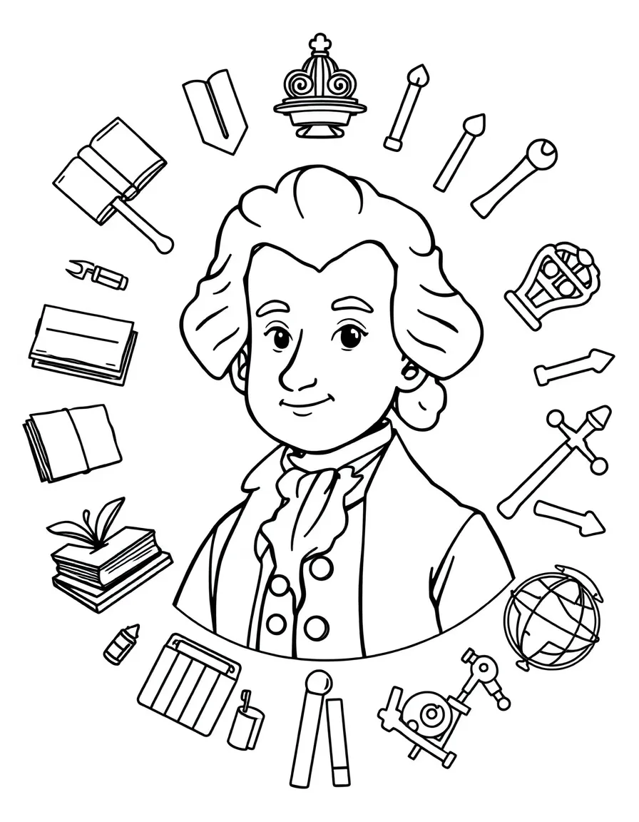 A cartoon-style drawing of Mozart surrounded by symbols of their achievements, like books, tools, or globes.