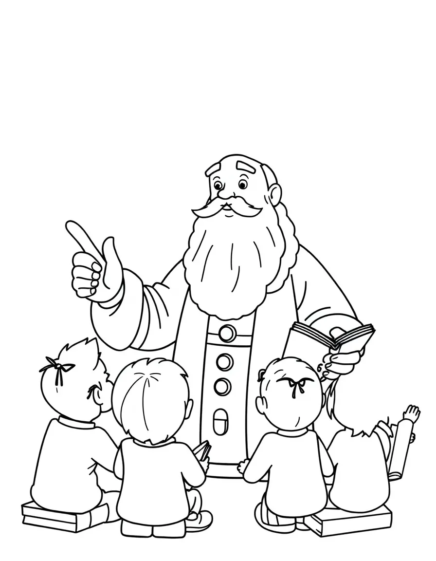 A fun coloring page of Galileo Galilei giving a speech to children with books and peace signs around.