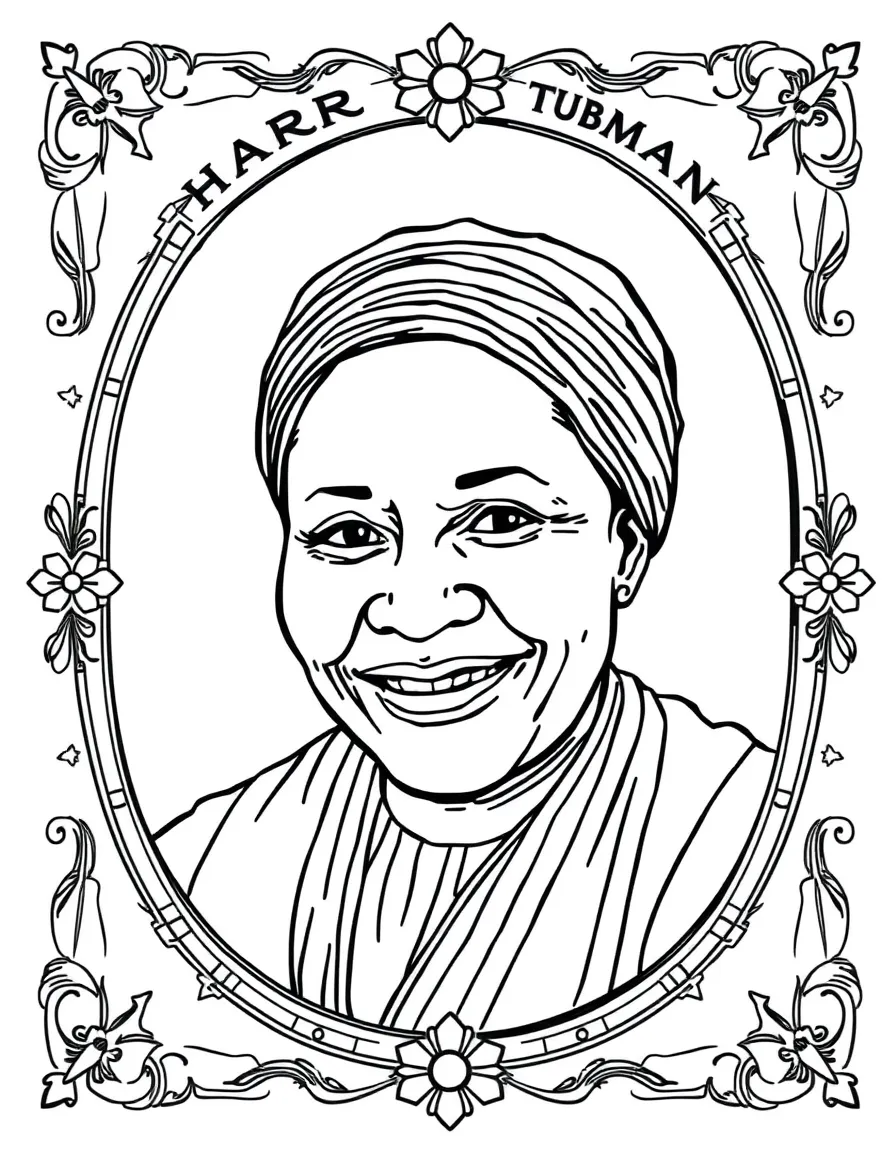 A portrait of Harriet Tubman with a big smile, framed with decorative borders and symbols of their time period.