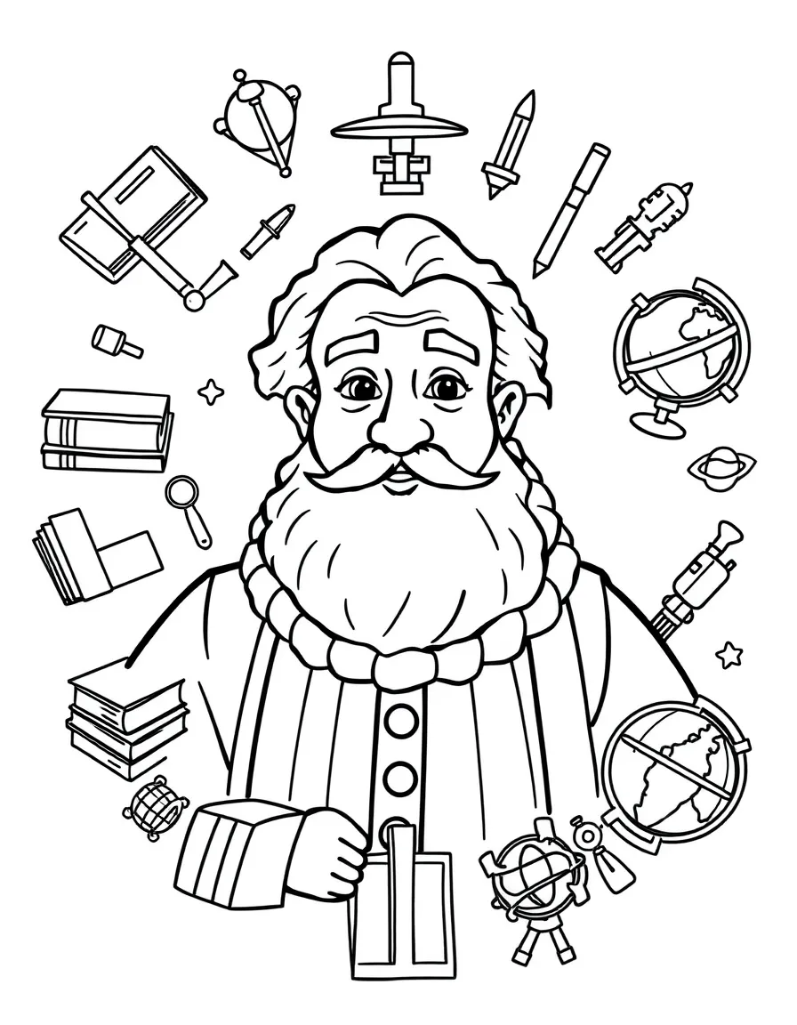 A cartoon-style drawing of Galileo Galilei surrounded by symbols of their achievements, like books, tools, or globes.