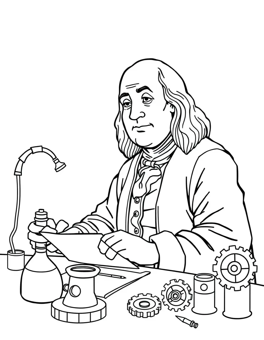 Benjamin Franklin working on their famous invention or idea, with gears, papers, or lab equipment drawn simply.