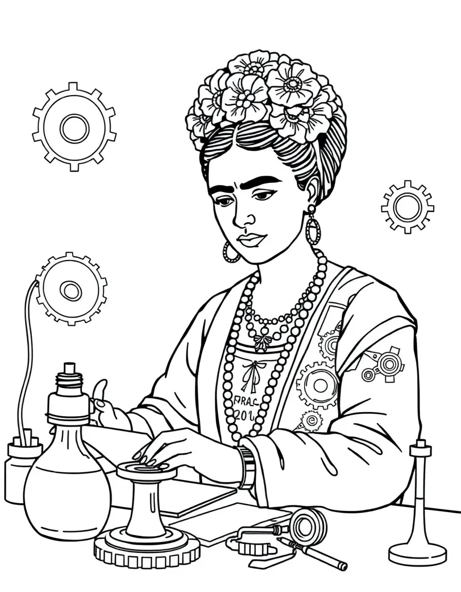 Frida Kahlo working on their famous invention or idea, with gears, papers, or lab equipment drawn simply.