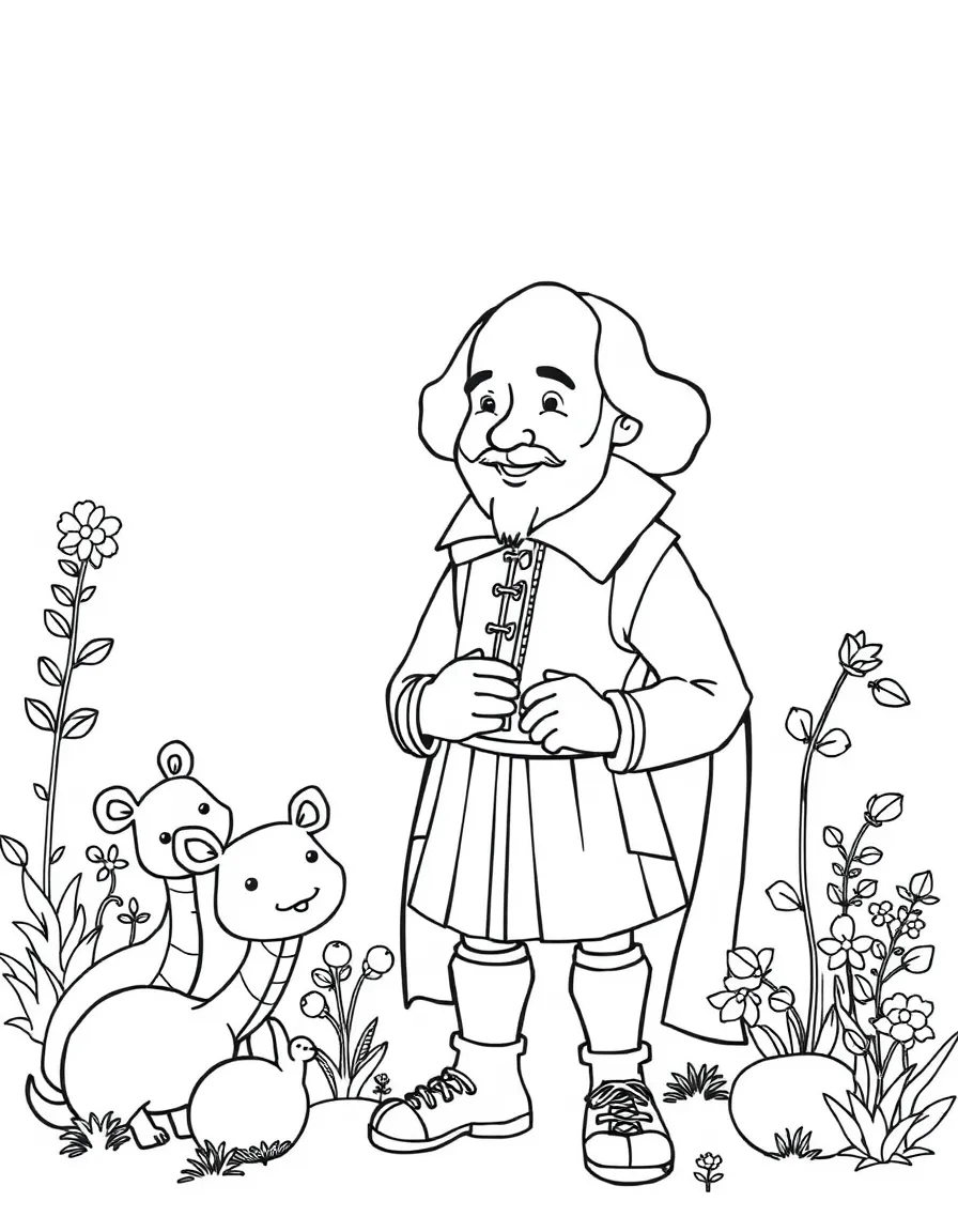 A playful scene showing William Shakespeare in a historical outfit with animals, plants, or kids nearby.