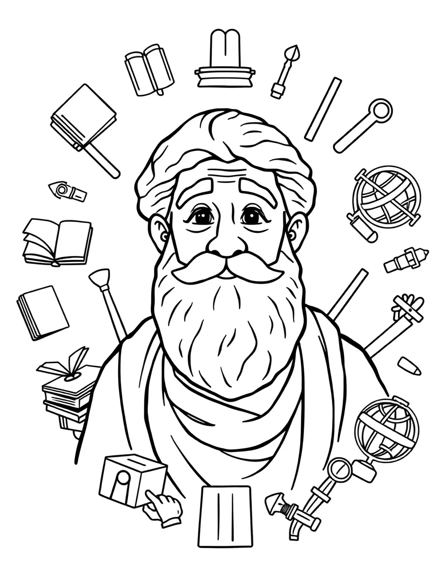 A cartoon-style drawing of Plato surrounded by symbols of their achievements, like books, tools, or globes.