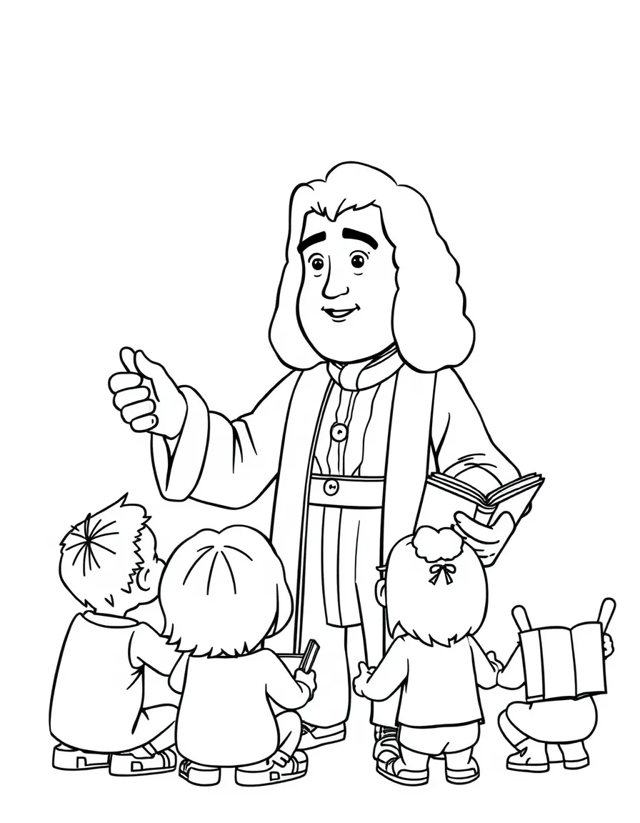 A fun coloring page of Isaac Newton giving a speech to children with books and peace signs around.
