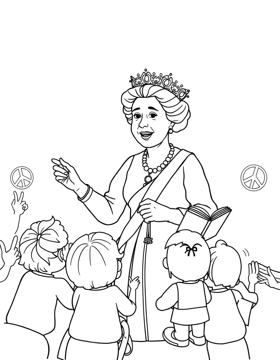 A fun coloring page of Queen Elizabeth I giving a speech to children with books and peace signs around.